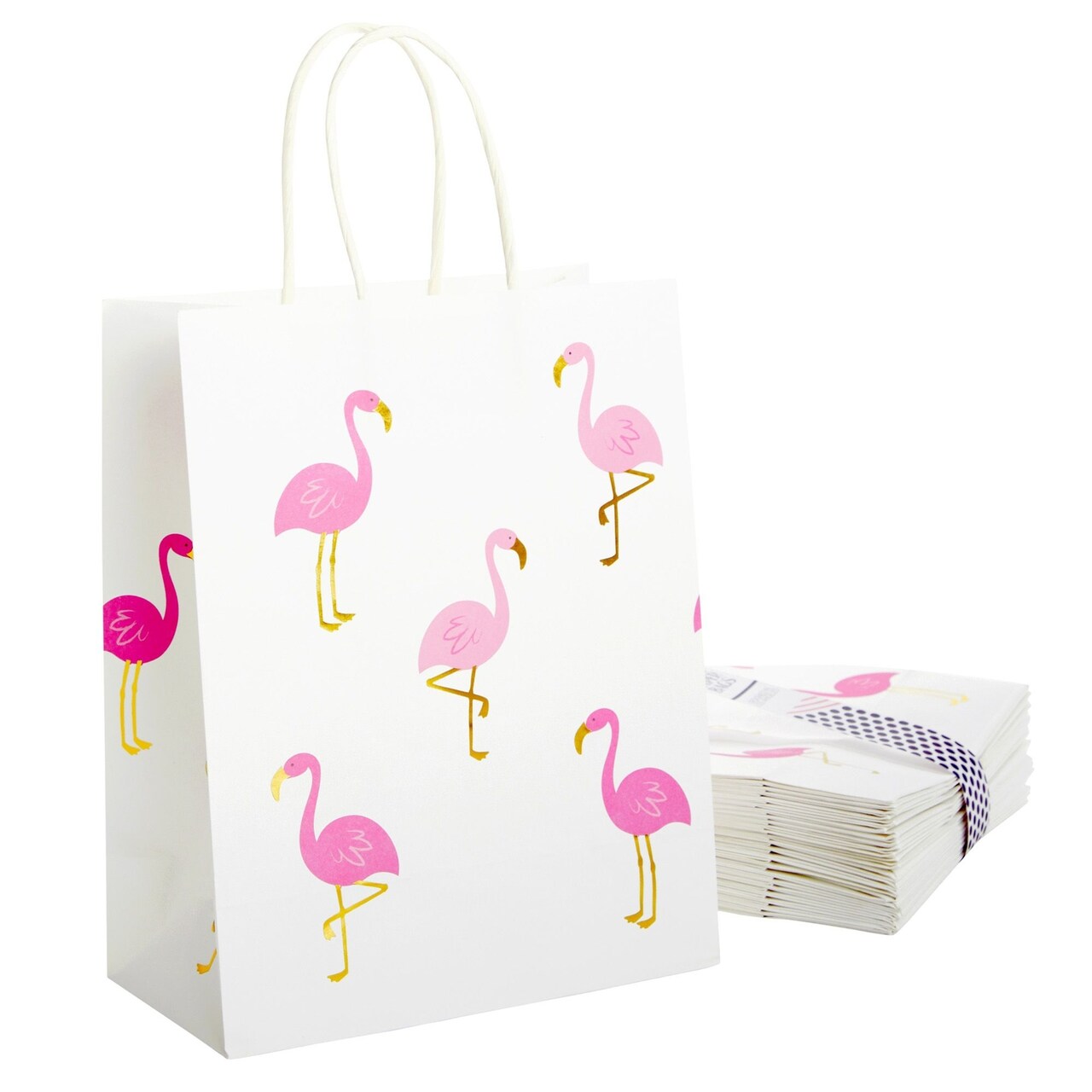 24-Pack Flamingo Birthday Party Favor Gift Bags with Convenient Handles, Medium Size, 8x10x4 inches for Tropical-Themed Decorations (White, Pink Gold Foil Design)